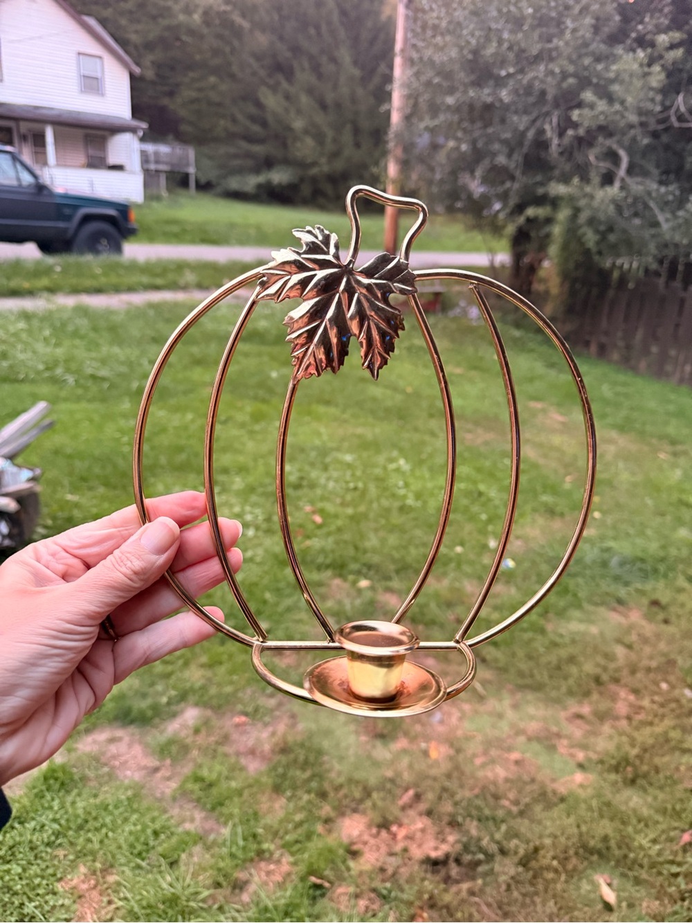 Pumpkin candle Holder with Leaf Accent